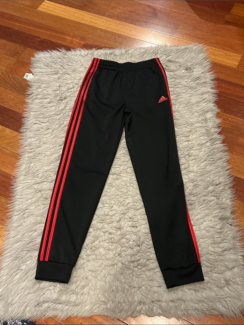 Adidas Boys Black And Red Logo Joggers with Red Side Stripes